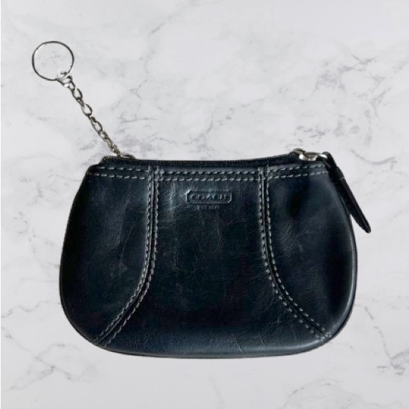 Coach Handbags - Coach Black Leather Coin Purse Key Pouch Zip Mini Wallet